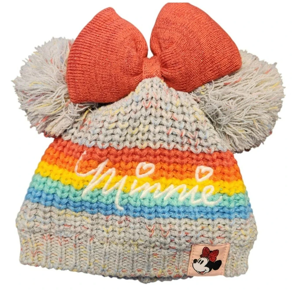 Disney Minnie Mouse Toddler Girls Rainbow Knit Beanie and Mittens Set XS/S 3-6y